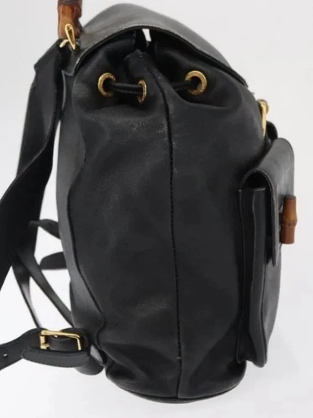 GUCCI Bamboo Backpack Leather Black Gold 003